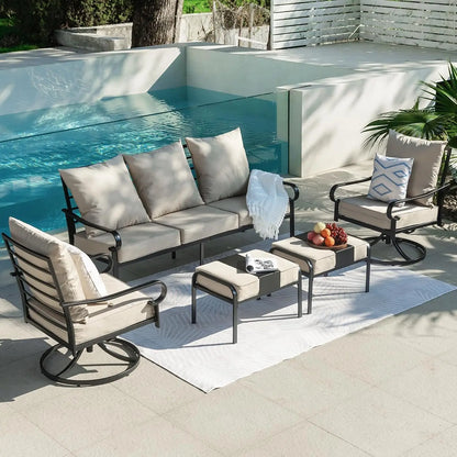 5 Piece Patio Furniture Set, Metal Patio Conversation Set with 1x3 Seater Sofa & 2xSwivel Chairs & 2xOttomans, 5.75'' Extra Thic