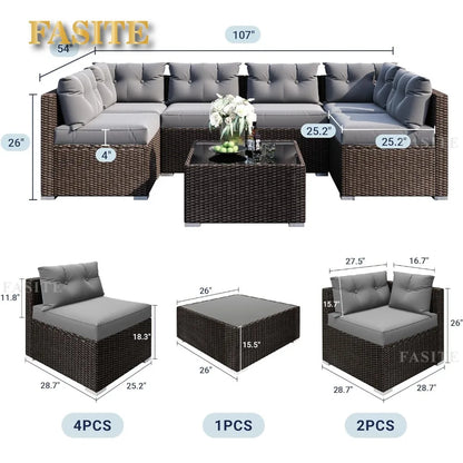 7 Pieces Patio Sofa Set Outdoor Furniture Sectional All-Weather Wicker Rattan with Back Cushions,Garden Sofa Conversation Grey