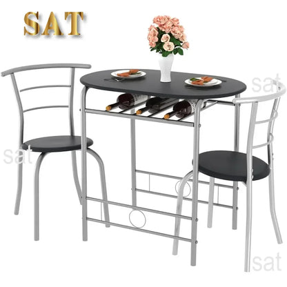 v 3 Piece Small Round Dining Table Set for Kitchen Breakfast Nook, Wood Grain Tabletop with Wine Storage Rack, Save Space, 31.