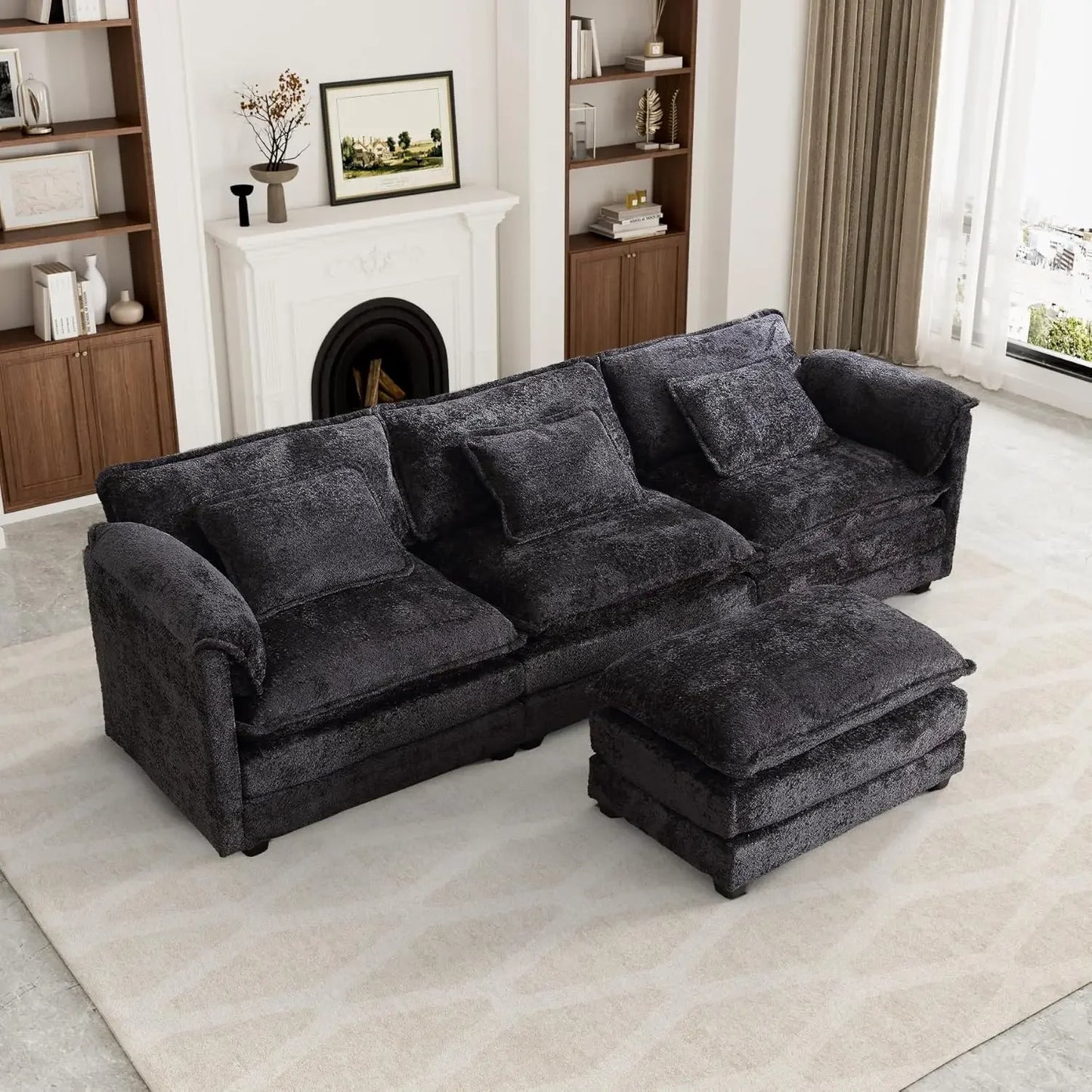 Cloud Sofa two Seats, for Apartment, Comfy Double Layer Upholstered Seat Cushion, Breathable Chenille Fabric, Black