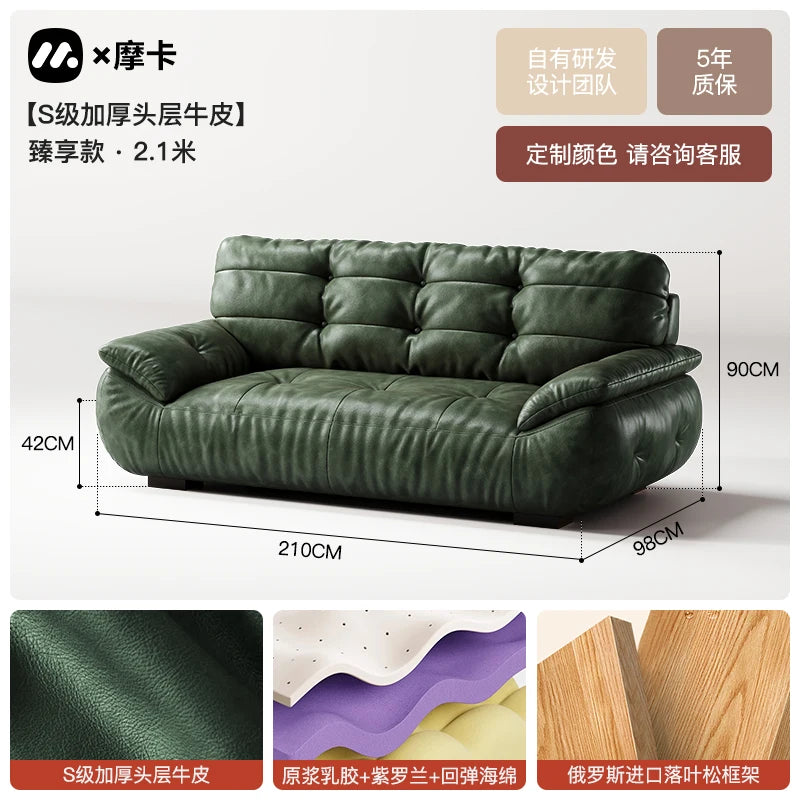 Color sofa American retro oil wax leather living room straight row small apartment brown