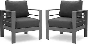 Patio Furniture Metal Armchair,2 PCS All-Weather Aluminum Garden Outdoor Contemporary Sofa Chair with Cushions, Light Grey