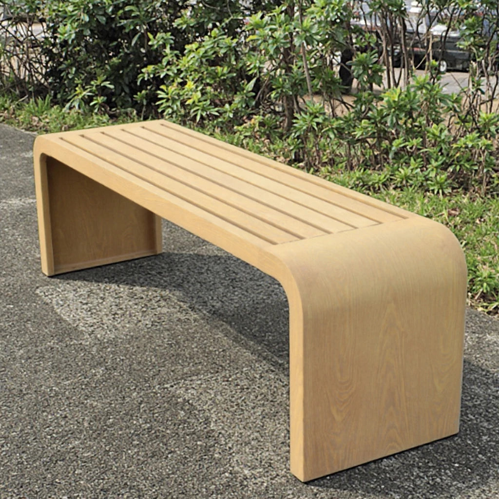 Banc carré en bois rayé et fer pour loisirs publics en plein air, jardin, cour, patio, salle de sport ou centre commercial, rangée de courses