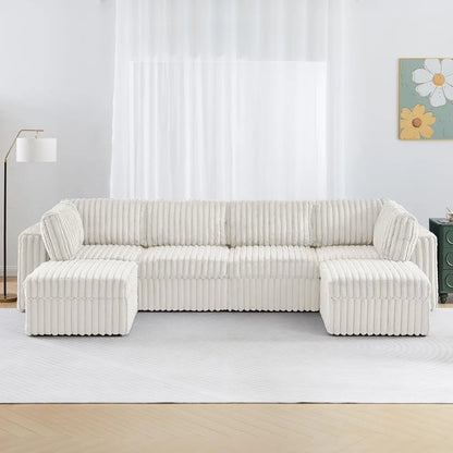 Modular U Shaped Sectional Sofa, 6-Seat Corduroy Couch with Storage, Reversible Chaise, Plush Faux Fur, White