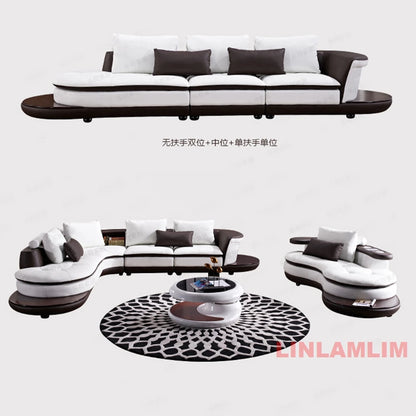 Modern Luxury Genuine Leather Sectional Sofa Set with Speaker and USB, U-Shaped Design Living Room Couch with Storage Shelves