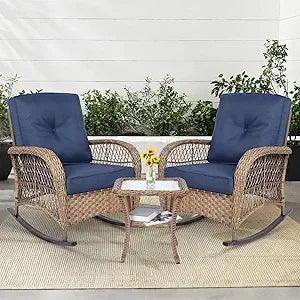 Outdoor Wicker Rocking Chair Trio with Cushions and Glass Coffee Table Patio Set