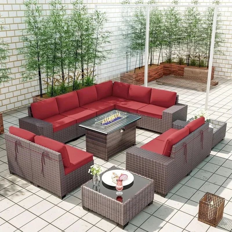 13-Piece Outdoor Patio Furniture Set with Gas Propane Fire Pit Table, PE Wicker Rattan Sectional Sofa in Red Color