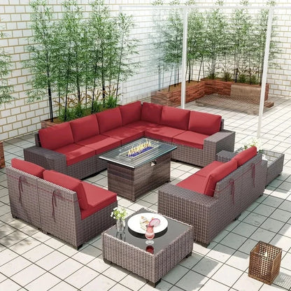 13-Piece Outdoor Patio Furniture Set with Gas Propane Fire Pit Table, PE Wicker Rattan Sectional Sofa in Red Color