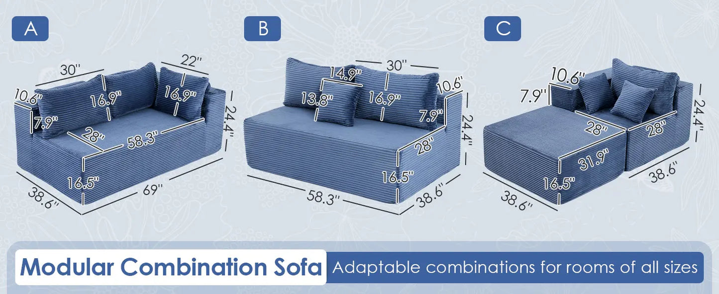 Redlife 107" Boneless Couch with Ottoman, 6 Seat Modular Sectional Sofa,Blue Corduroy Upholstery,28" Deep Seat,Removable Covers