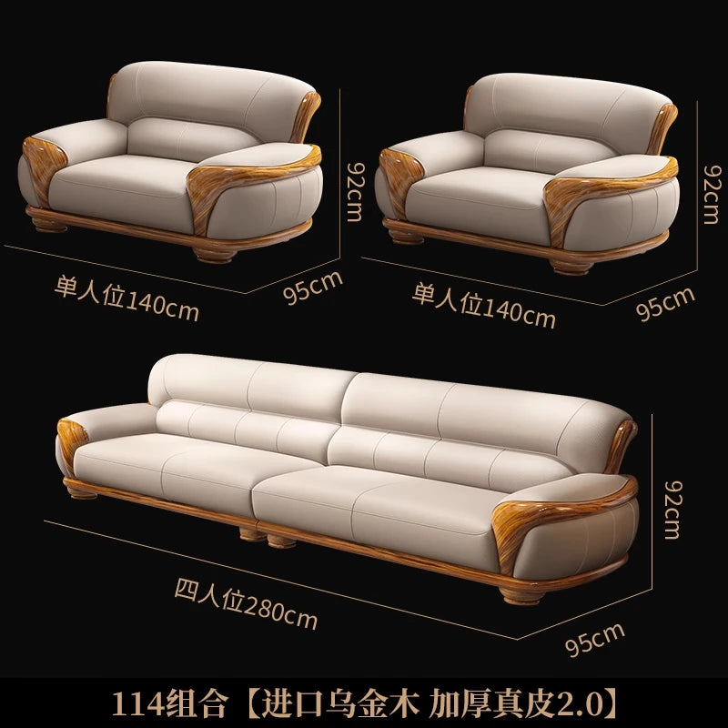 New Chinese ebony leather sofa living room combination size apartment first layer cowhide straight row sofa