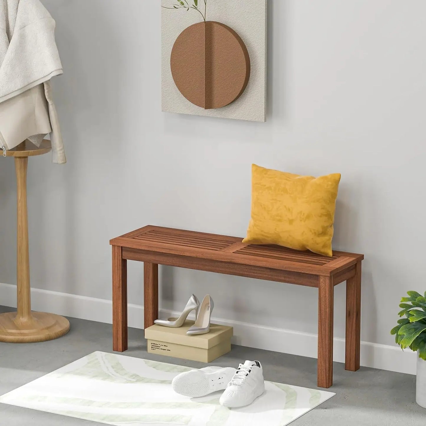 Tangkula Patio Wood Bench, 2-Person Solid Wood Bench with Slatted Seat, 39.5" Long Loveseat with Stable Wood Frame, Indoor Outdo
