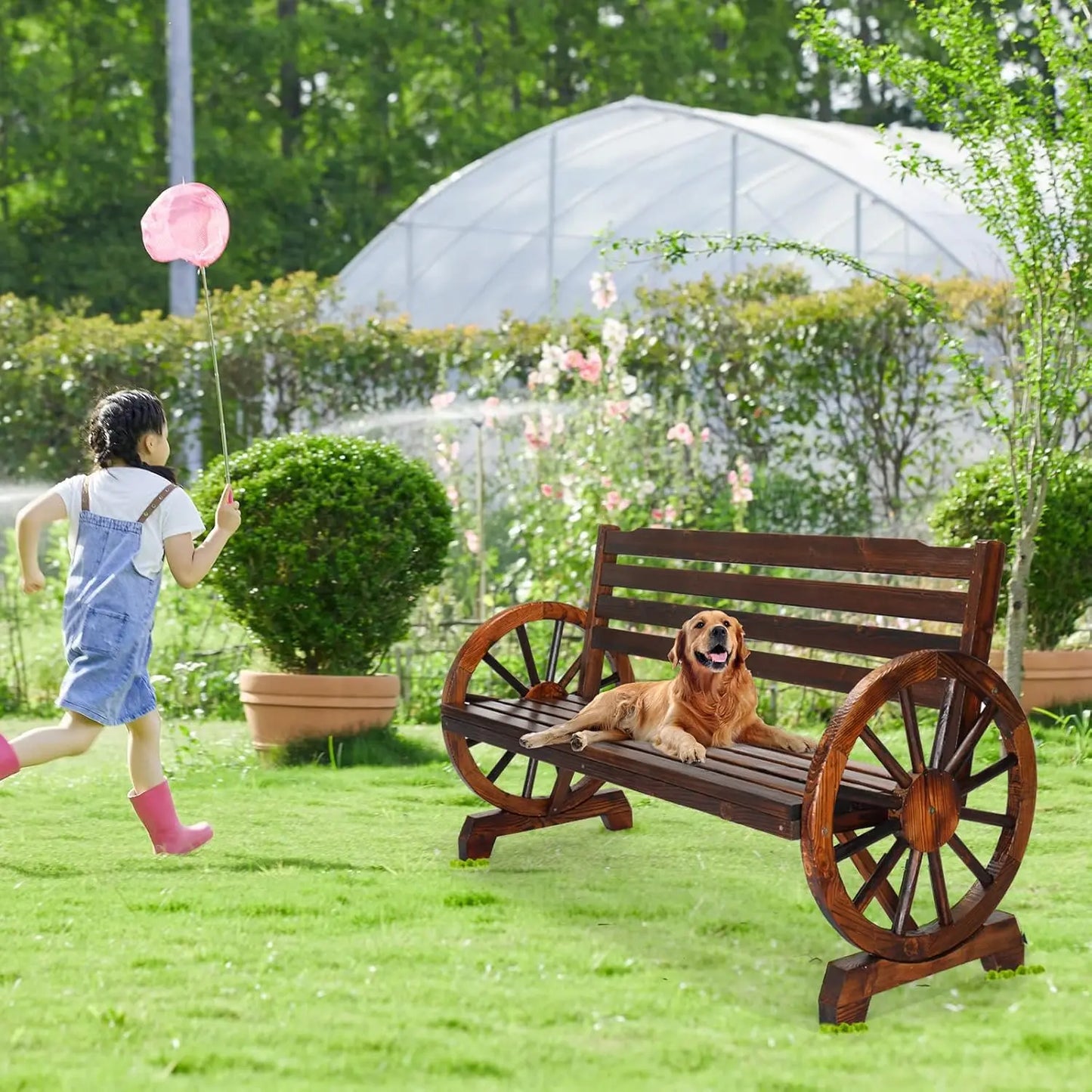 Outdoor Rustic Wooden Bench with Wagon Wheel Arms, 3 People Outdoor Bench Garden Bench Front Porch Furniture Patio, Customized