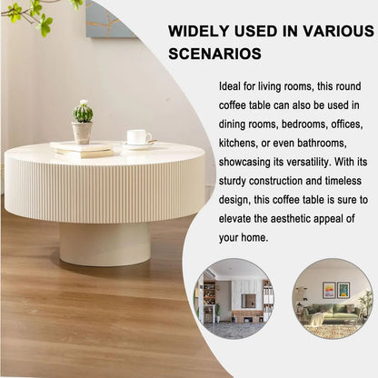 Round Coffee Table, Handcrafted Fluted Drum Coffee Tables Modern Wood Coffee Table Circle Drum Center Table For Living Room