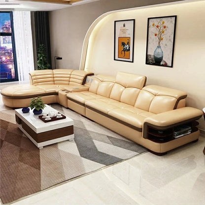 Luxury L-Shaped Genuine Leather Sectional Sofa Sets with USB, Bluetooth Speaker - MINGDIBAO Living Room Italian Leather Couches