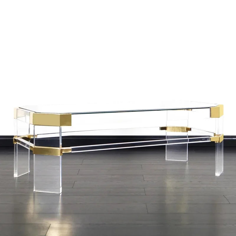 Gold Stainless Steel Frame Clear Glass Coffee Table with Storage Shelves, Modern Luxury Living Room Center Table