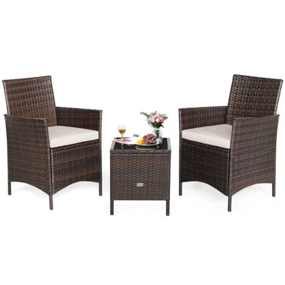 3 Pieces Patio Cushioned Rattan Converstaion Set With Glass Table Top