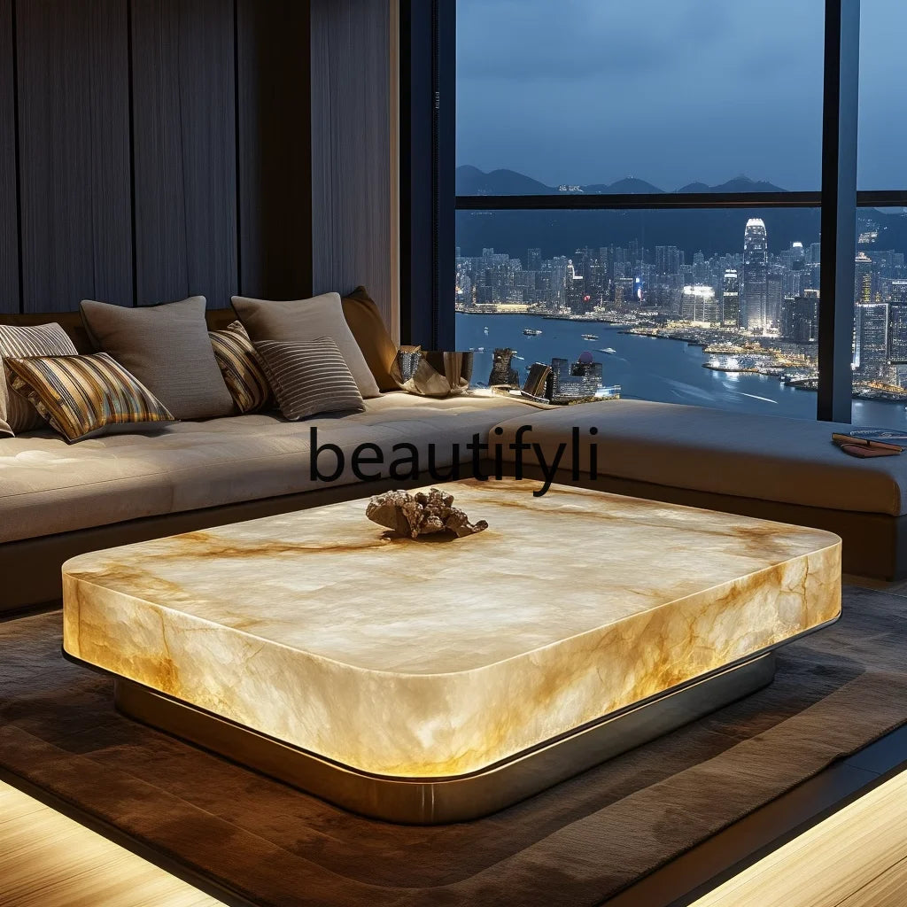 Jade square luminous coffee table premium villa living room modern minimalist marble Venice light luxury stone