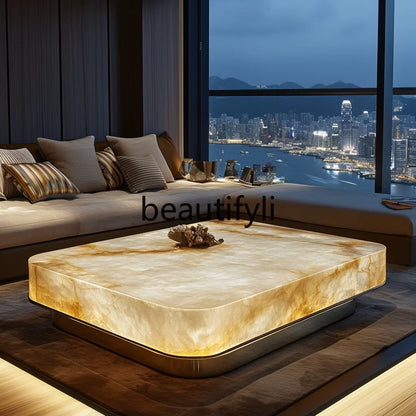 Jade square luminous coffee table premium villa living room modern minimalist marble Venice light luxury stone