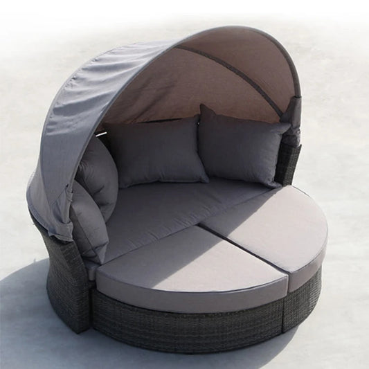 Aluminium Metal Outdoor Sun Lounger Day Bed with Canopy Wickrer Garden Sofa for Courtyard Beach Daybed for Hotel or Park
