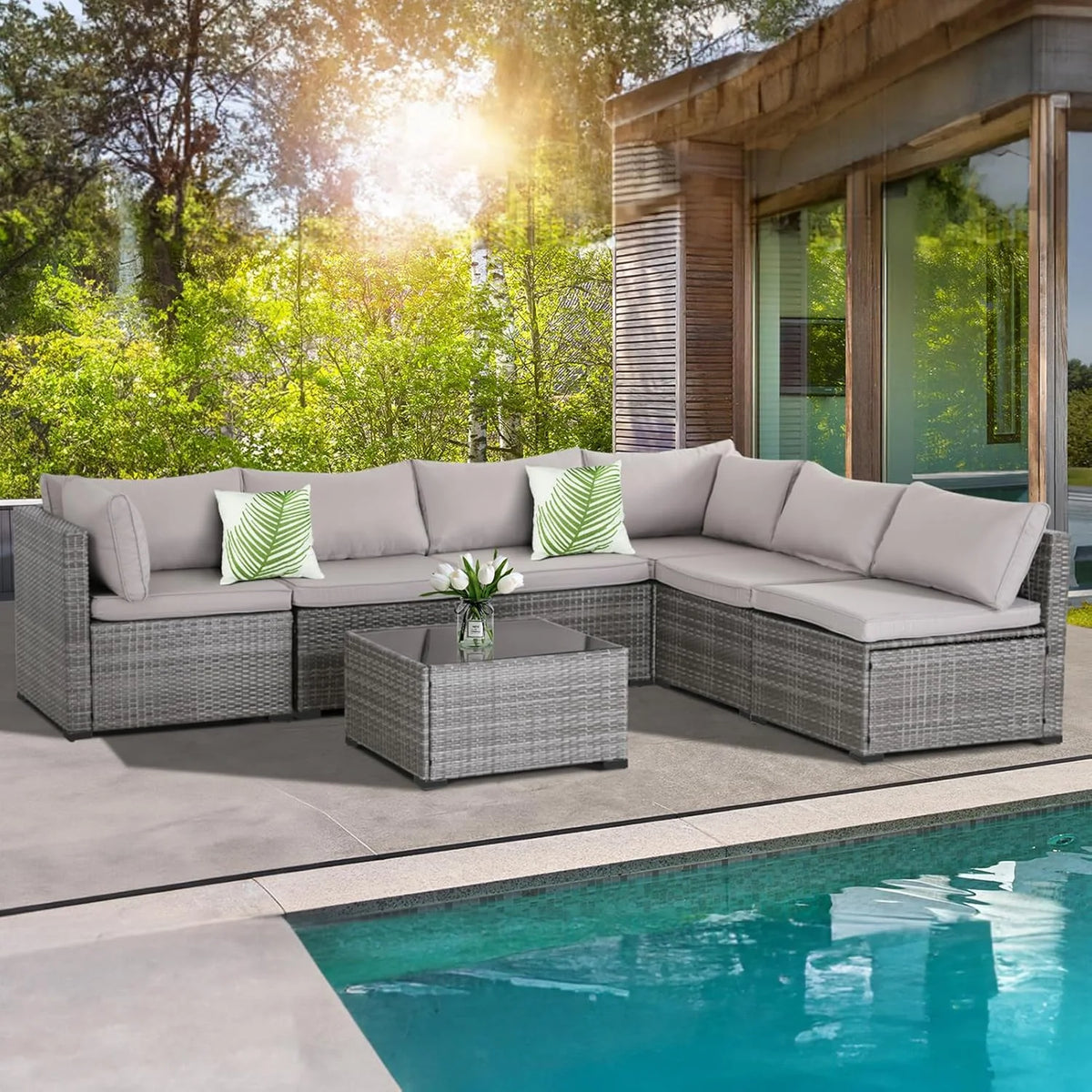 7 Pieces Outdoor Patio Furniture Set, Sectional Sofa Set Rattan Patio Conversation Sets with Couch Set &Table for Outside Garden