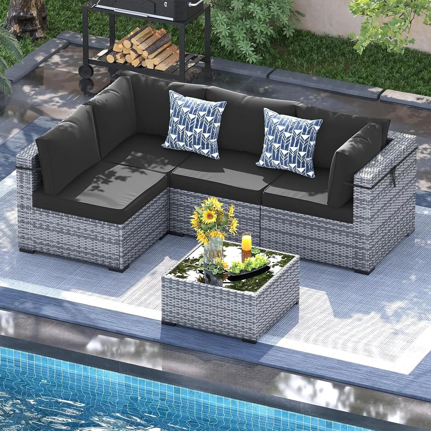 8 Inch Armrest Outdoor Sectional Sofa, 6 Piece Wicker Outdoor Furniture Conversation Sets with Waterproof Cover