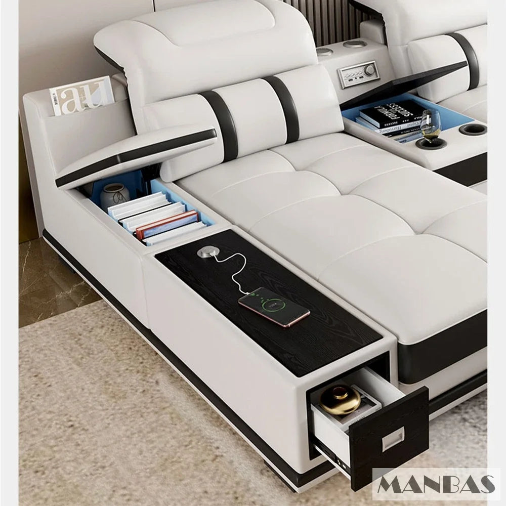 Modern Genuine Leather Sofa Living Room By MANBAS - Stylish Italian Couch with Bluetooth Speaker, USB & Adjustable Headrests