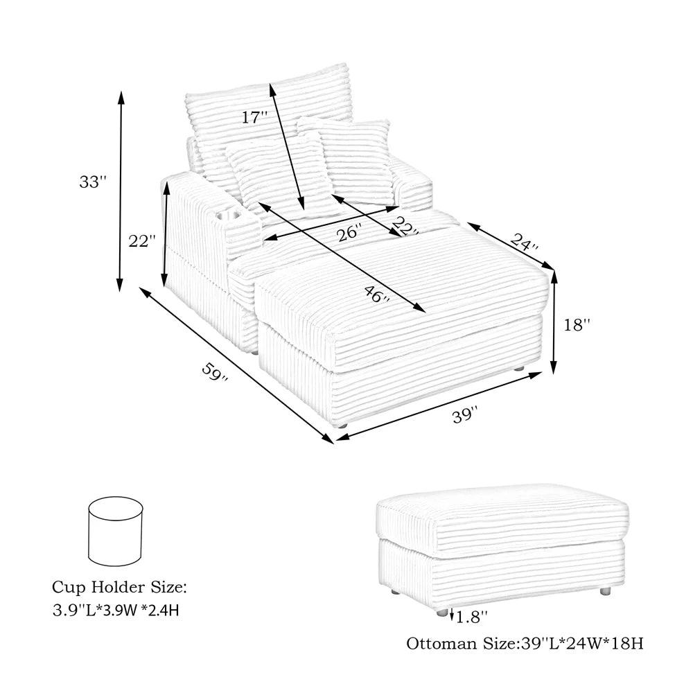 Armchair with Sleep Function Spring Upholstered Armchair Ottoman Set Comfortable Single Sofa Lounge Chaise with Cup Holder