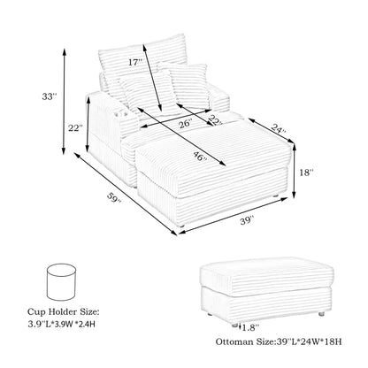 Armchair with Sleep Function Spring Upholstered Armchair Ottoman Set Comfortable Single Sofa Lounge Chaise with Cup Holder