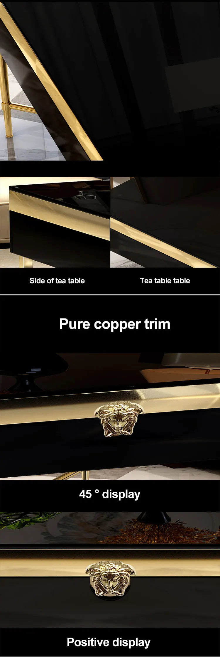 Luxury modern Italian design black glass stainless steel high-grade metal coffee table living room furniture gold coffee table