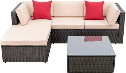 ts All Weather Outdoor Sectional Patio Sofa Manual Weaving Wicker Rattan Patio Seating Sofas with Cushion and Glass Table (Beige