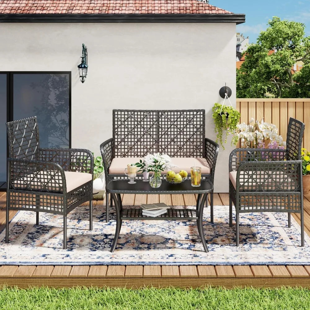 4-Piece Patio Furniture Set, Weather-Resistant Rattan Patio Conversation Set with Two-Tier Coffee Table, Upholstered Openwork Wi