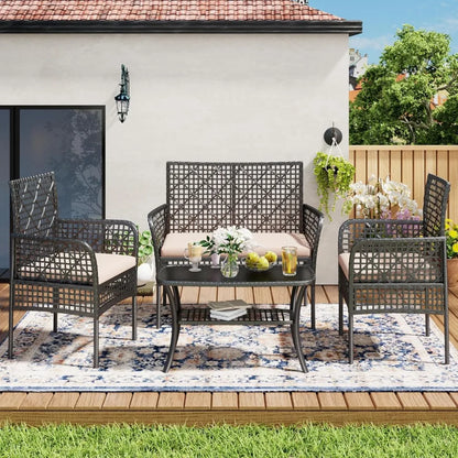 4-Piece Patio Furniture Set, Weather-Resistant Rattan Patio Conversation Set with Two-Tier Coffee Table, Upholstered Openwork Wi