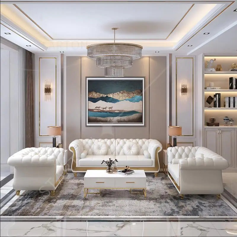 Hot Sales New Designed U Shaped Modern Luxury Top Leather Living Room Sofas Button Tufted Upholstered Sofa Set for Home Villa
