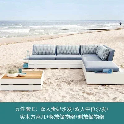 Outdoor sofa, rainproof, sunscreen, rattan craft, courtyard garden, Nordic solid wood coffee table