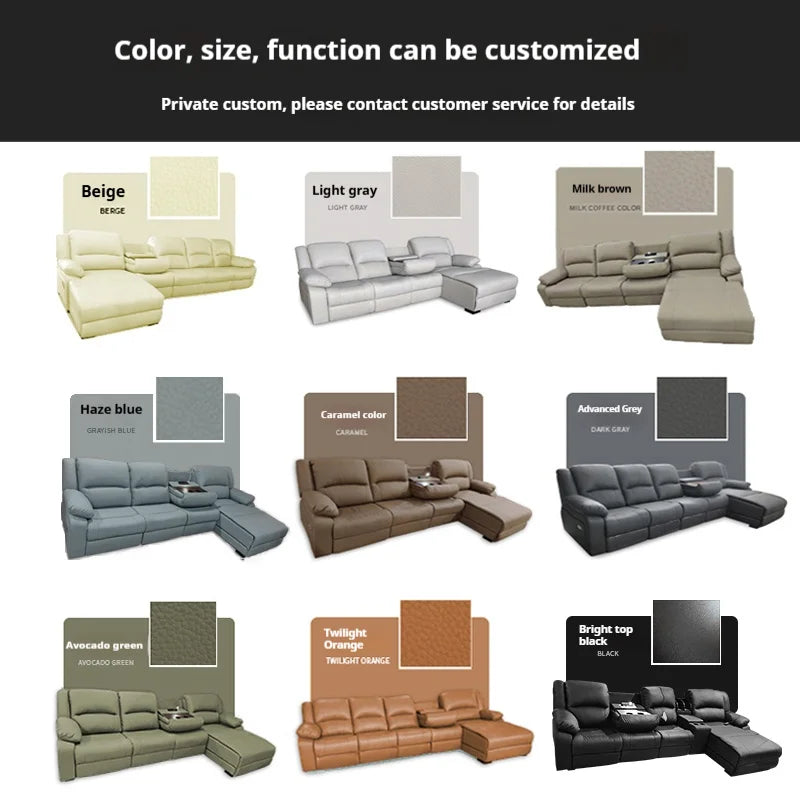 Modern Italian electric sofa set leather multi-functional recliner with characteristic metal corner combination