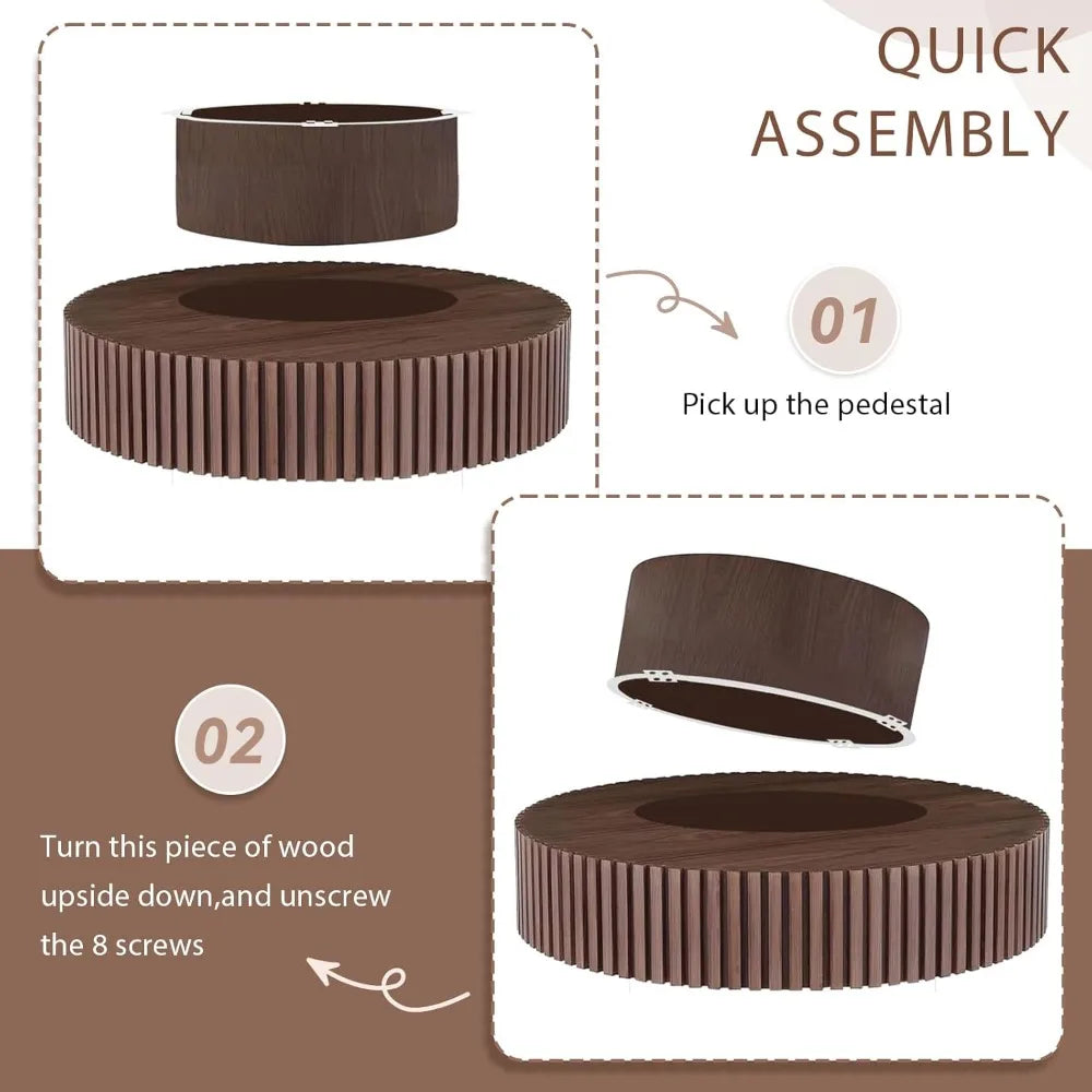 Round Modern Fluted Walnut Coffee Table, Unique Tea Table, Contemporary Drum Circle Accent Center Table for Living Room