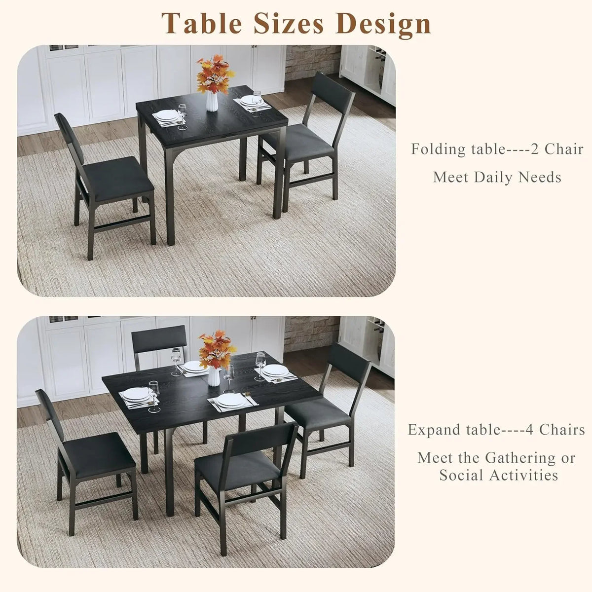 Dining Table Set for 4, Extendable Kitchen Table Cushion Chairs Set of 4, Rectangle Dining Table with Metal Frame & MDF Board