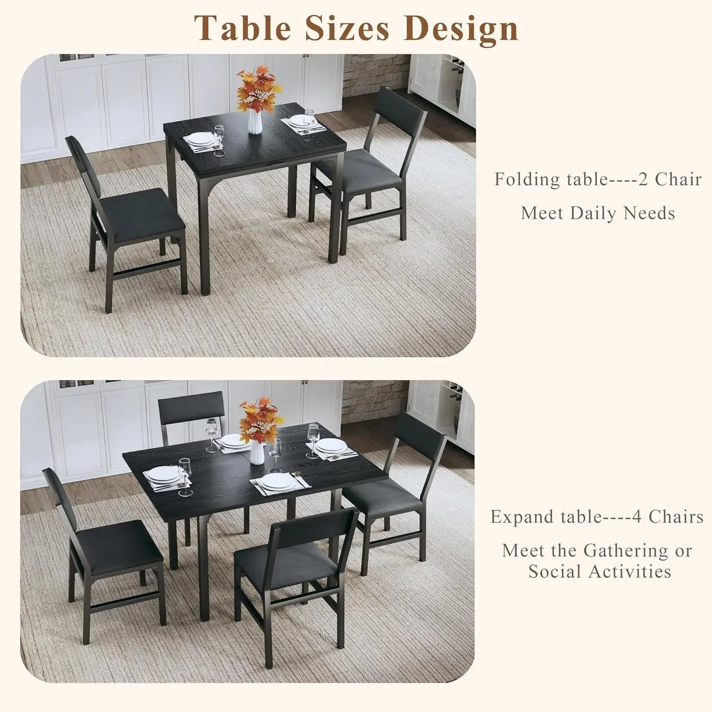 Dining Table Set for 4, Extendable Kitchen Table Cushion Chairs Set of 4, Rectangle Dining Table with Metal Frame & MDF Board