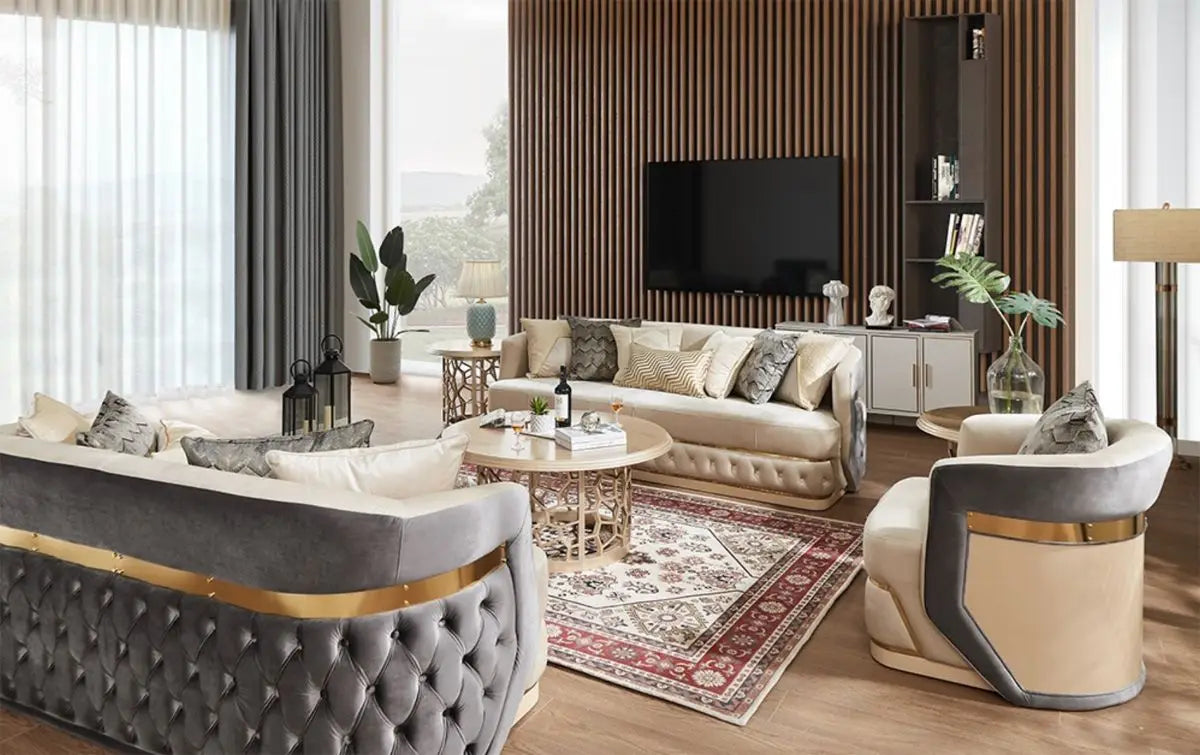 Ensemble de canapé de salon rembourré en velours, moderne et luxueux, ceinture en acier inoxydable, bouton de décoration, maison, Villa