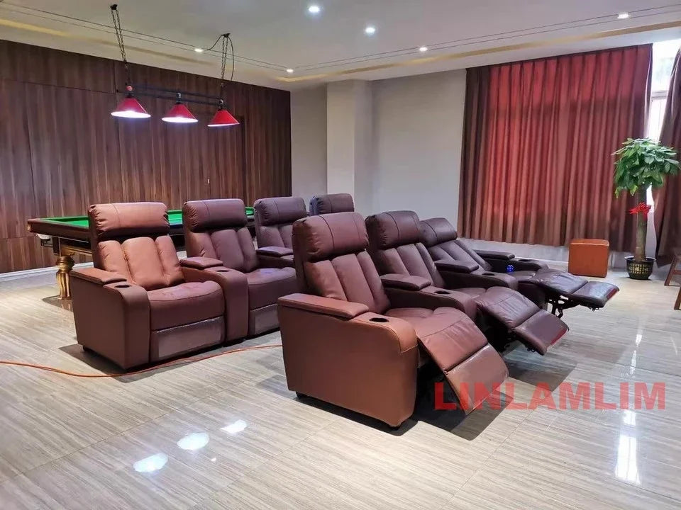 Linlimlam Luxury Genuine Leather Electric Recliners Cinema Chairs with Cup Holder, LED Light – Home Theater Power Reclining Sofa