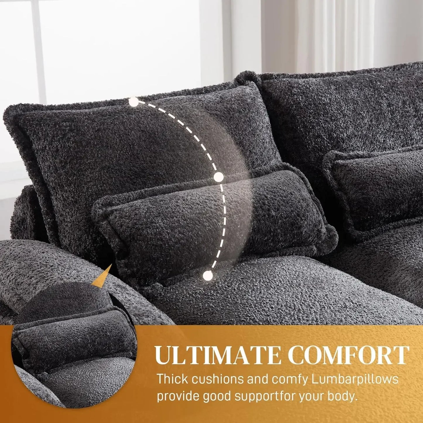 Sectional Sofa Cloud Couch for Living Room, 123" Modern Fluffy Chenille U Shaped Couch, with Storage Console & Cup Holders