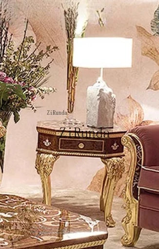 European luxury solid wood carving flower sofa French parquet fabric sofa coffee table combination