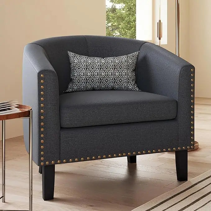 Upholstered Accent Chair, Barrel Club Chair with Silver Nail Head Trim & Legs for Living Room Bedroom Reception Room