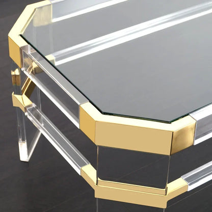 Gold Stainless Steel Frame Clear Glass Coffee Table with Storage Shelves, Modern Luxury Living Room Center Table
