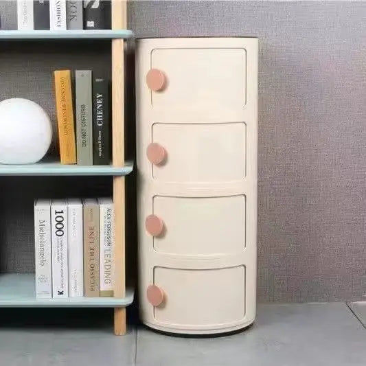 Plastic Round Nightstand Bedside Table Cabinet with Sliding Doors Round Storage Bedside Cabinet Nightstand  for Living Bedroom