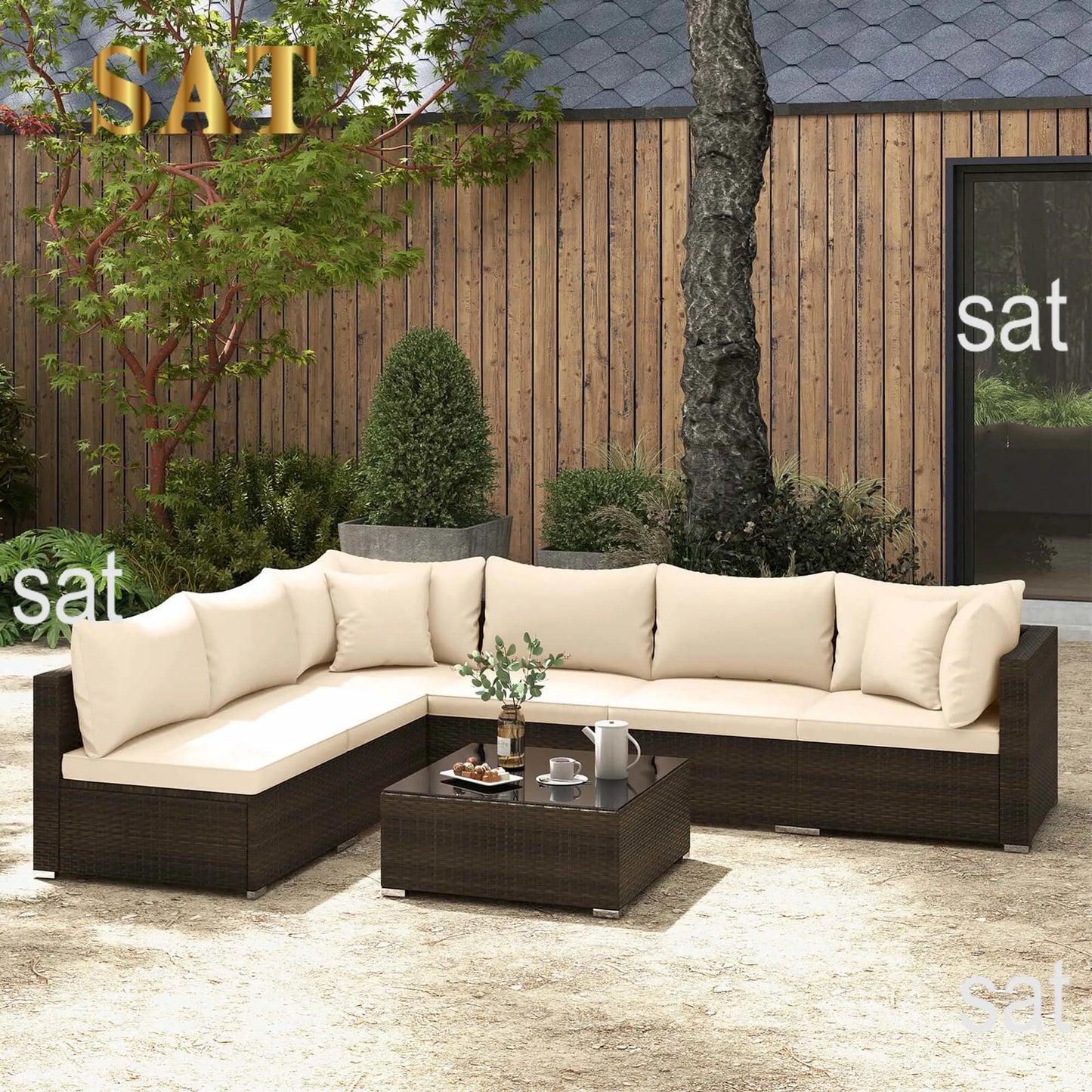 7 PCS Patio Rattan Furniture Set Sectional Sofa Cushioned Garden Brown