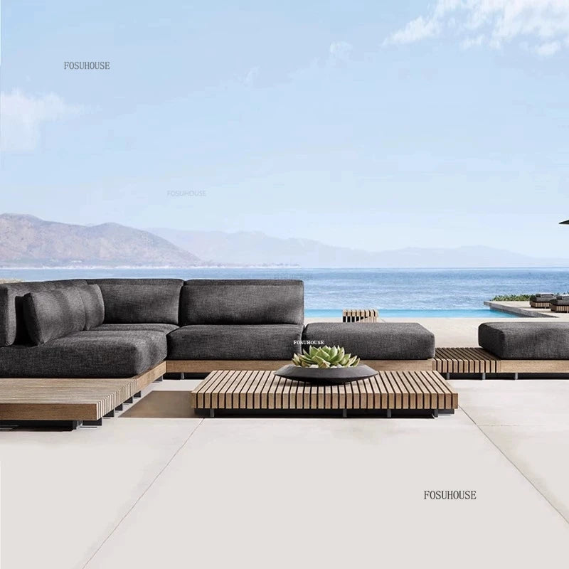 Nordic Solid Wood Villa Set Patio Outdoor Sofas Waterproof Sun Protection Balcony Leisure Recliner Light Luxury Garden Furniture