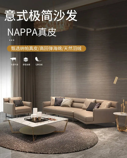Italian minimalist leather sofa living room size apartment princess corner first layer cowhide down combination light luxury sty