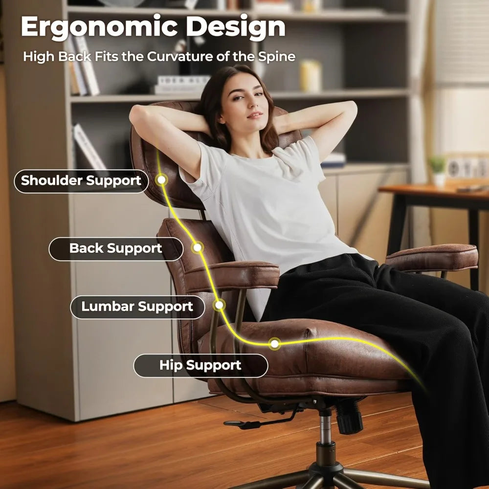 Ergonomic Home Office Chair, Mid-Century Modern Faux Leather Chairs with Thickened Cushions, Comfy High Back Swivel Rolling