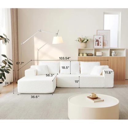 White cloud shaped sofa with L-shaped lounge chair, modern modular sofa with deep seat, suitable for living room, bedroom